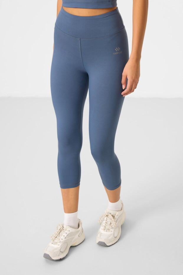 Petrol Yüksek Bel Kapri-Crop Atlet Slim Fit Kadın Tayt Takım - 95284 - 6