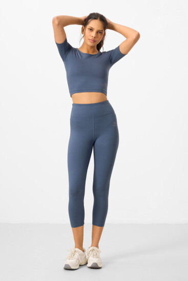 Petrol Yüksek Bel Kapri-Crop T-Shirt Slim Fit Kadın Tayt Takım - 95285 - TOMMYLIFE