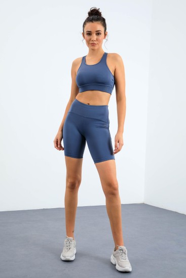 Petrol Yüksek Bel Toparlayıcı Slim Fit Büstiyer Biker Kadın Tayt Takım - 95303 - TOMMYLIFE (1)