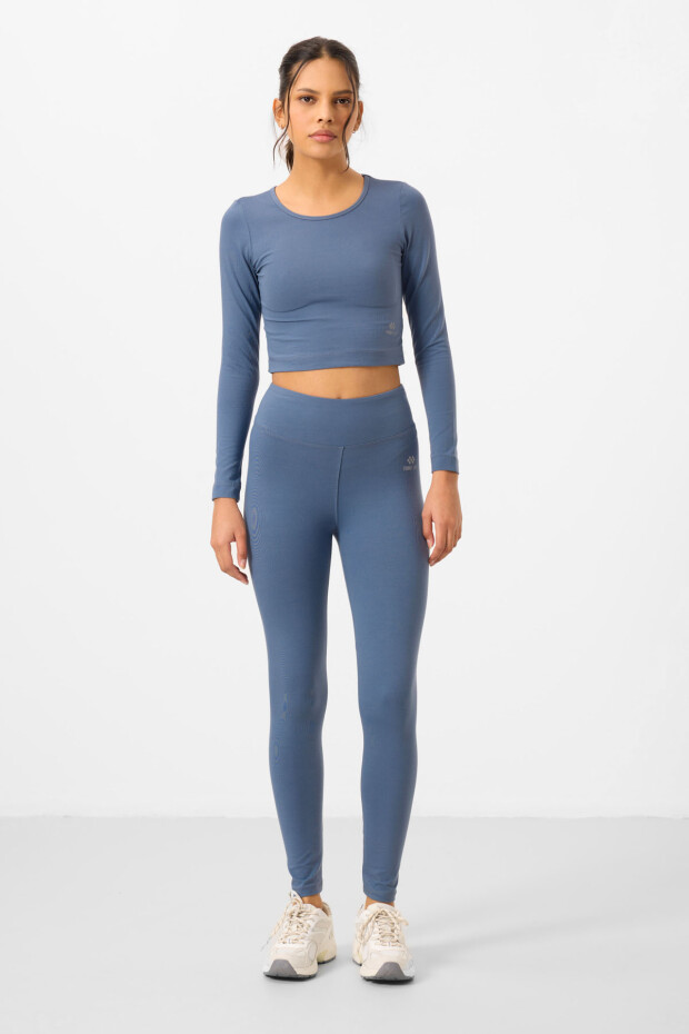 Petrol Yüksek Bel Uzun Kollu Slim Fit Crop Top Kadın Tayt Takım - 95286 - 3