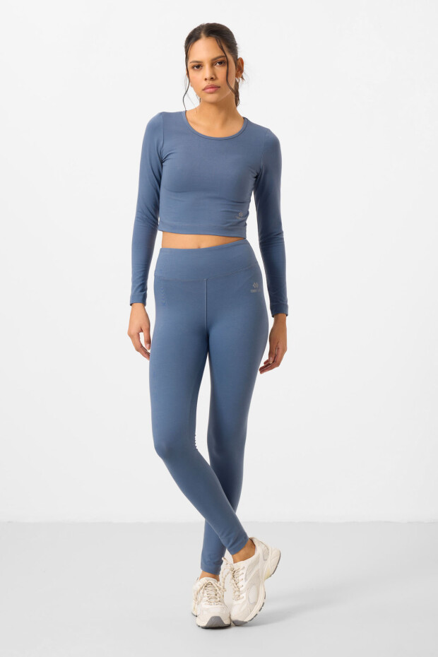 Petrol Yüksek Bel Uzun Kollu Slim Fit Crop Top Kadın Tayt Takım - 95286 - 1