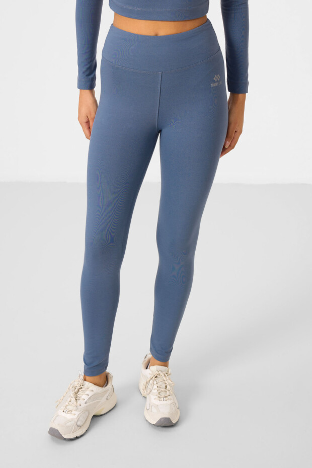 Petrol Yüksek Bel Uzun Kollu Slim Fit Crop Top Kadın Tayt Takım - 95286 - 4