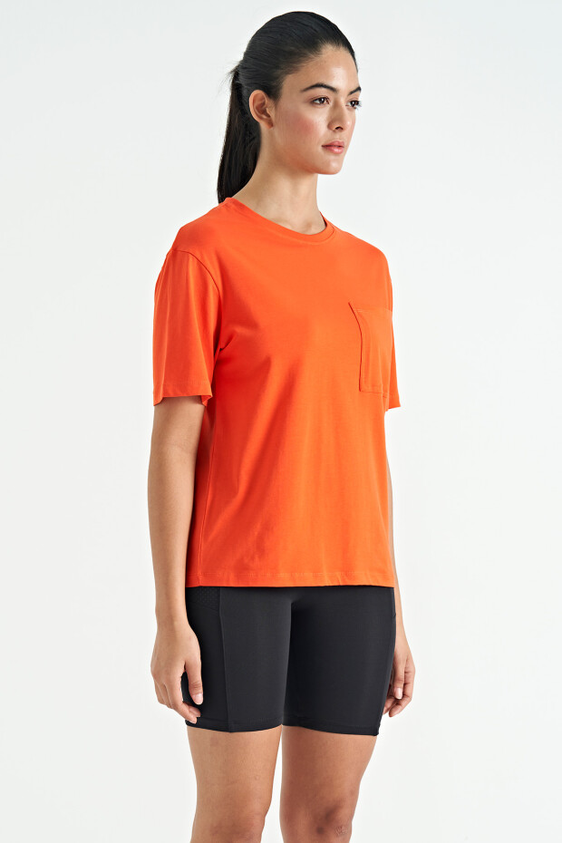 Portakal Düşük Omuzlu Cep Detaylı Oversize Kadın T-Shirt - 02268