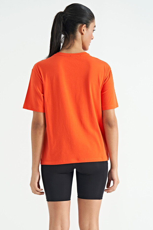 Portakal Düşük Omuzlu Cep Detaylı Oversize Kadın T-Shirt - 02268