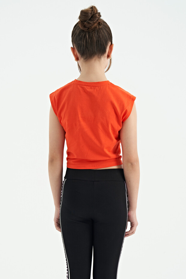 Portakal Kalp Baskılı Ön Düğüm Detaylı Rahat Form Kız Çocuk T-Shirt - 75114