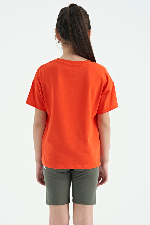 Portakal O Yaka Yazı Baskılı Düşük Omuz Oversize Kız Çocuk T-Shirt - 75115