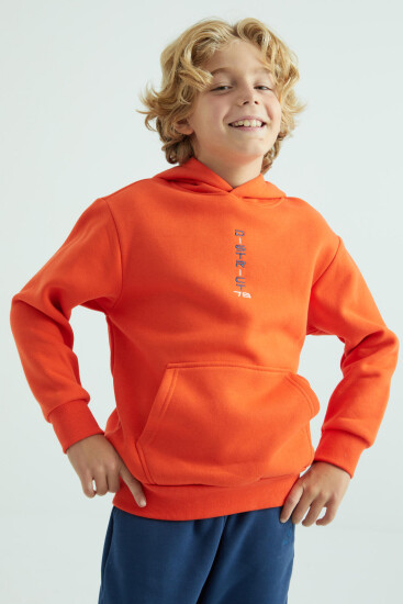 Portakal Ön Ve Kapüşon Yazı Detaylı Standart Kalıp Erkek Çocuk Sweatshirt - 11037 