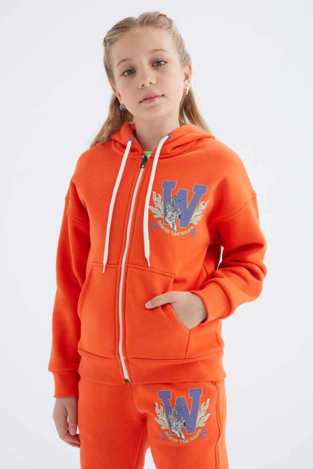 Portakal Sırt Desen Detaylı Kapüşonlu Oversize Kız Çocuk Eşofman Takım - 75100
