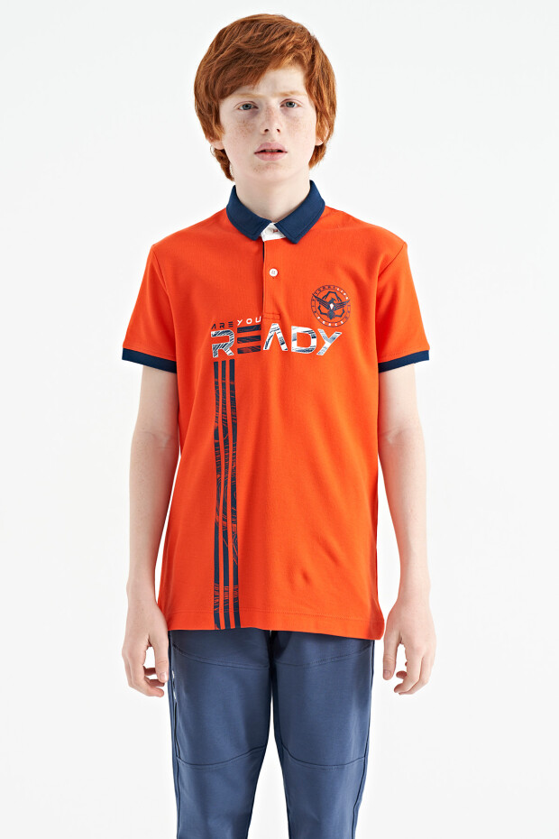Portakal Yazı Baskı Desenli Standart Kalıp Polo Yaka Erkek Çocuk T-Shirt - 11143