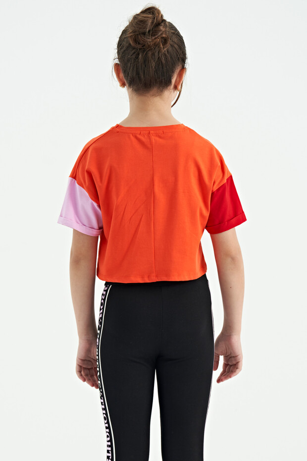Portakal Yazı Baskılı O Yaka Düşük Omuzlu Oversize Kız Çocuk T-Shirt - 75130