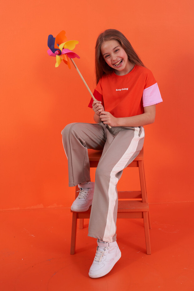 Portakal Yazı Baskılı O Yaka Düşük Omuzlu Oversize Kız Çocuk T-Shirt - 75130