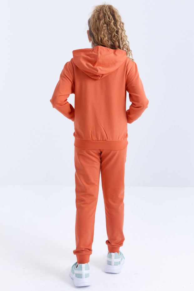 Portakal Yazı Nakışlı Kapüşonlu Rahat Form Kız Çocuk Eşofman Takım - 75057