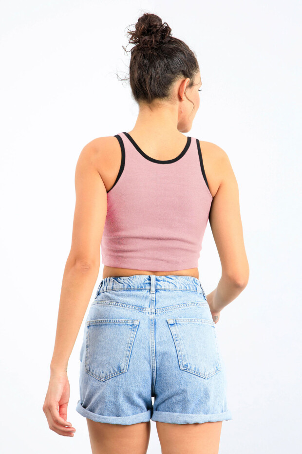 Pudra Basic Sıfır Kol Dar Kalıp U Yaka Kadın Crop Top Atlet - 97162 - 5