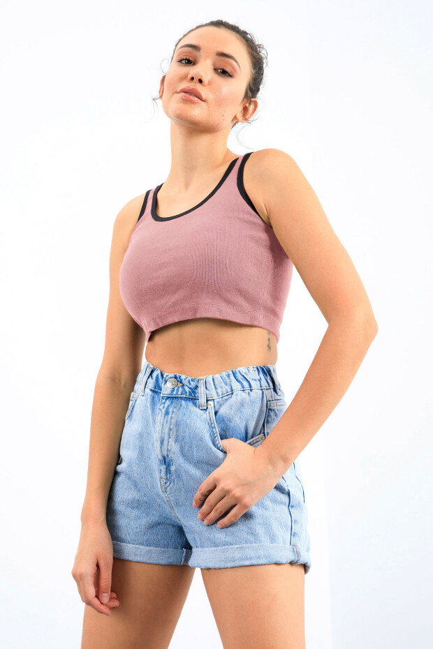Pudra Basic Sıfır Kol Dar Kalıp U Yaka Kadın Crop Top Atlet - 97162 - 1