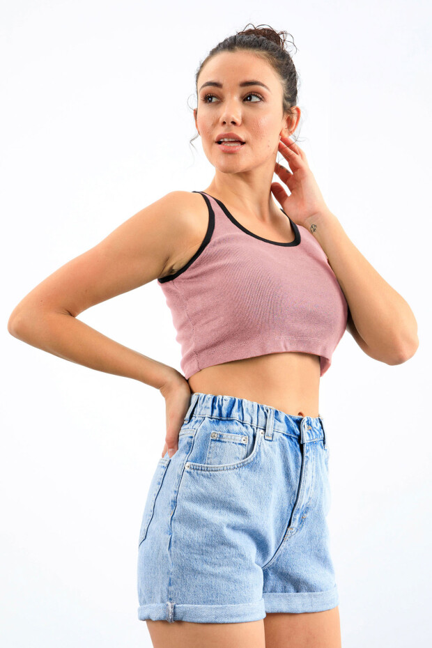 Pudra Basic Sıfır Kol Dar Kalıp U Yaka Kadın Crop Top Atlet - 97162 - 3