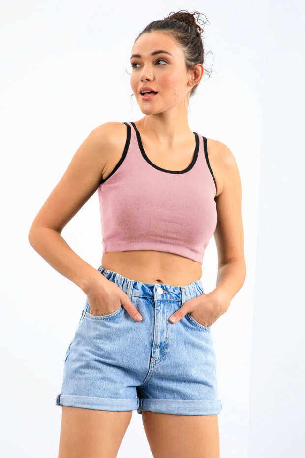 Pudra Basic Sıfır Kol Dar Kalıp U Yaka Kadın Crop Top Atlet - 97162 - 4