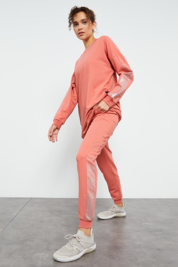 Pudra O Yaka Sim Detaylı Rahat Form Jogger Kadın Eşofman Tunik Takım - 03483 