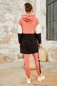 Pudra Yarım Fermuar Cepli Rahat Form Jogger Kadın Eşofman Tunik Takım - 95249 