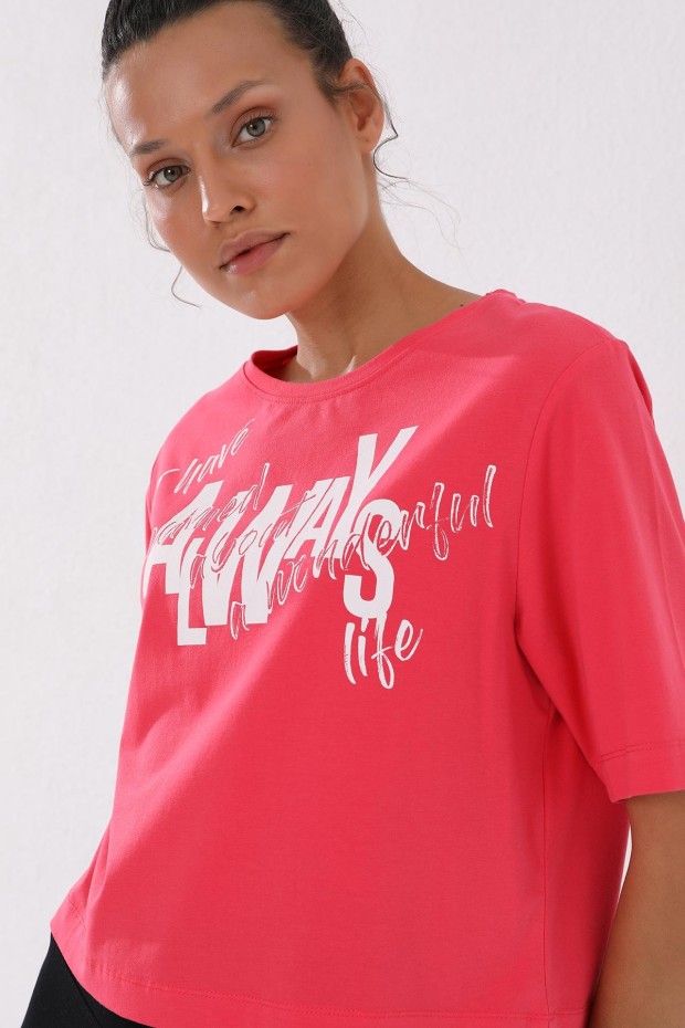 Rose Asimetrik Yazı Baskılı O Yaka Kadın Oversize T-Shirt - 97136