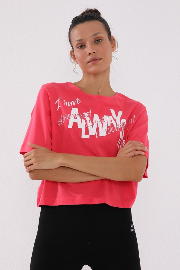 Rose Asimetrik Yazı Baskılı O Yaka Kadın Oversize T-Shirt - 97136
