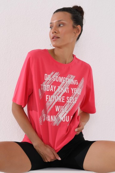 Rose Deforme Yazı Baskılı O Yaka Kadın Oversize T-Shirt - 97133 - Thumbnail