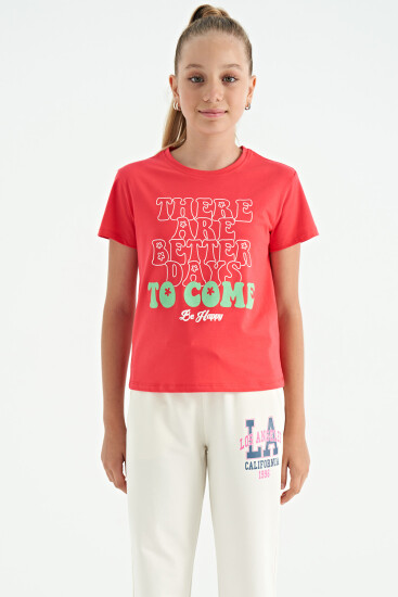 Rose O Yaka Yazı Baskılı Rahat Form Kısa Kollu Cropped Kız Çocuk T-Shirt - 75118 