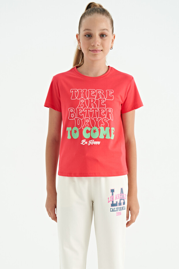 Rose O Yaka Yazı Baskılı Rahat Form Kısa Kollu Cropped Kız Çocuk T-Shirt - 75118