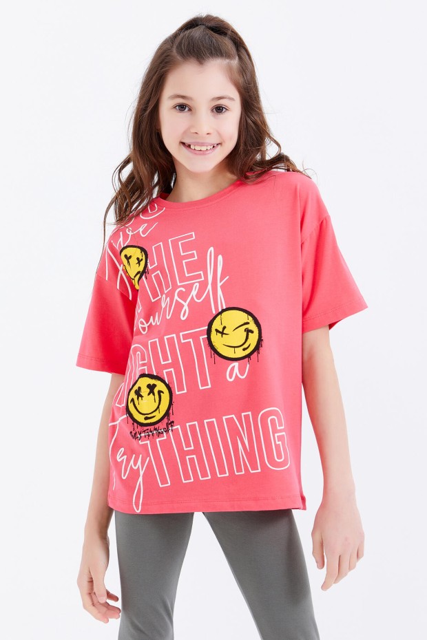 Rose Oversize Emoji Baskılı O Yaka Düşük Omuz Kız Çocuk T-Shirt - 75042