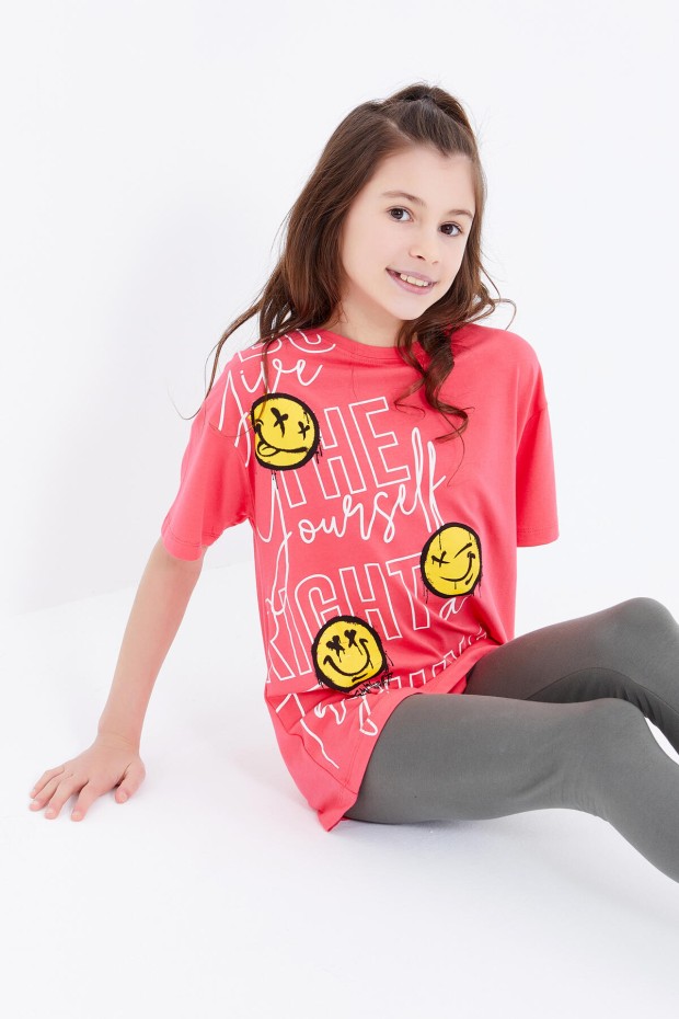Rose Oversize Emoji Baskılı O Yaka Düşük Omuz Kız Çocuk T-Shirt - 75042