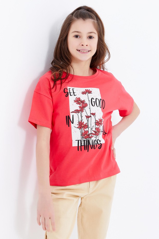 Rose Oversize Yazı Baskılı O Yaka Düşük Omuz Kız Çocuk T-Shirt - 75032