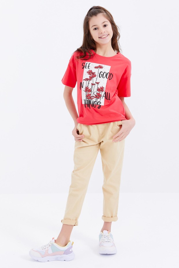 Rose Oversize Yazı Baskılı O Yaka Düşük Omuz Kız Çocuk T-Shirt - 75032