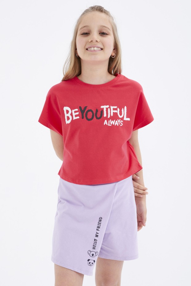 Rose Oversize Yazı Baskılı O Yaka Kız Çocuk Crop T-Shirt - 75035