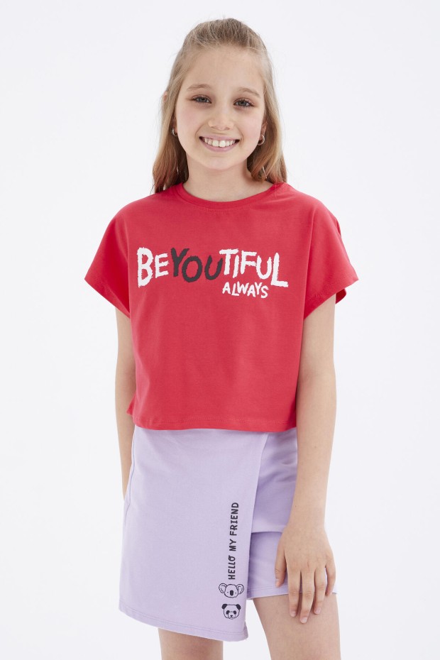 Rose Oversize Yazı Baskılı O Yaka Kız Çocuk Crop T-Shirt - 75035