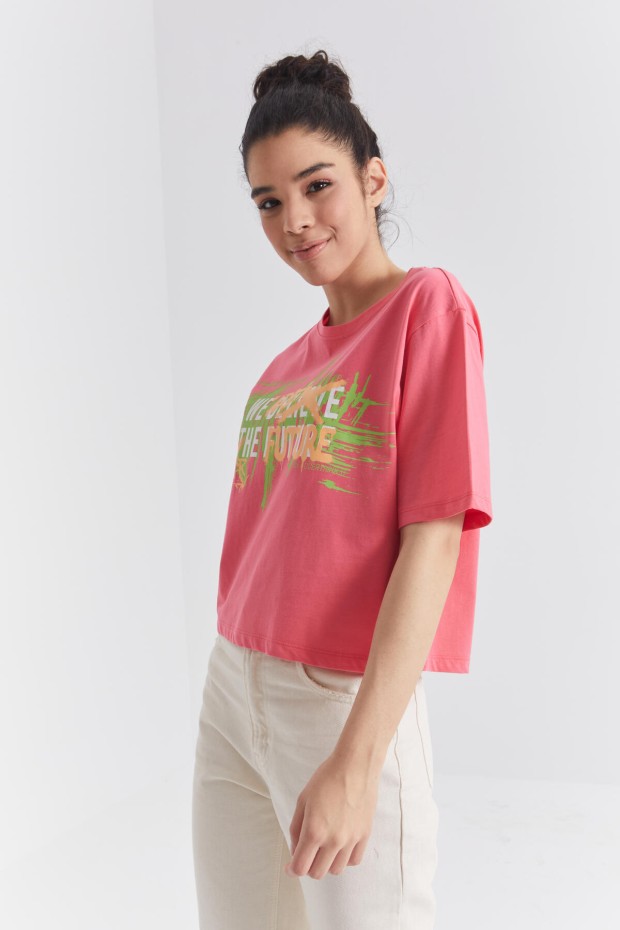 Rose Renkli Yazı Baskılı O Yaka Kadın Oversize T-Shirt - 97212