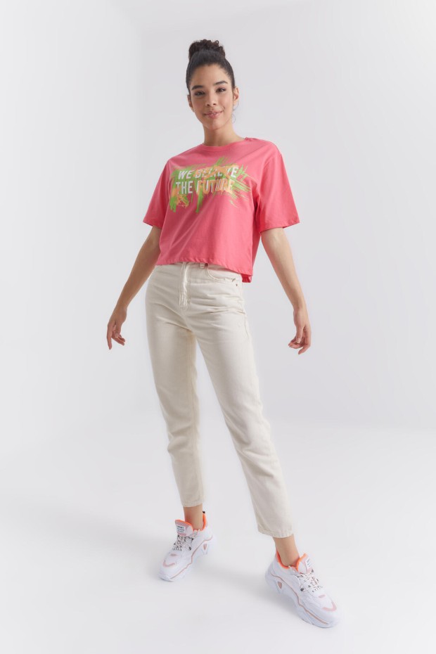 Rose Renkli Yazı Baskılı O Yaka Kadın Oversize T-Shirt - 97212