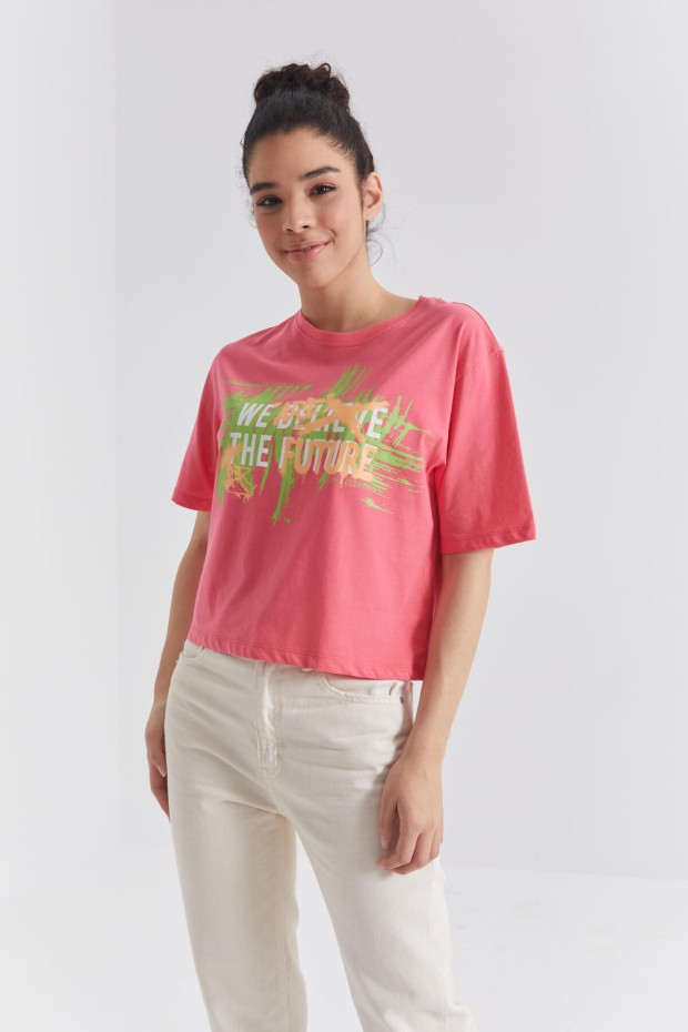 Rose Renkli Yazı Baskılı O Yaka Kadın Oversize T-Shirt - 97212