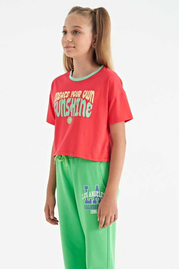 Rose Renkli Yazı Baskılı O Yaka Oversize Kısa Kollu Kız Çocuk T-Shirt - 75111