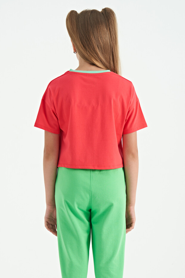 Rose Renkli Yazı Baskılı O Yaka Oversize Kısa Kollu Kız Çocuk T-Shirt - 75111