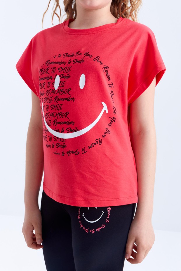 Rose - Siyah Emoji Baskılı Kısa Kollu O Yaka Kız Çocuk Tayt Takım - 75062