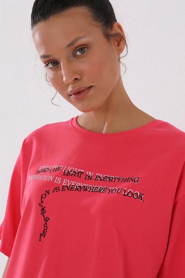 Rose Yazı Baskılı Kısa O Yaka Kadın Oversize T-Shirt - 97135