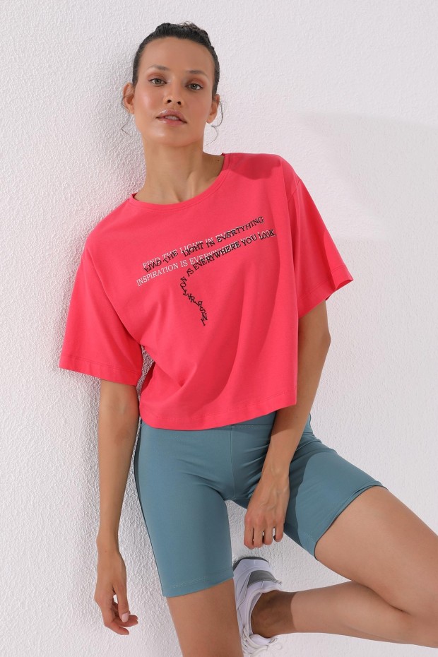 Rose Yazı Baskılı Kısa O Yaka Kadın Oversize T-Shirt - 97135