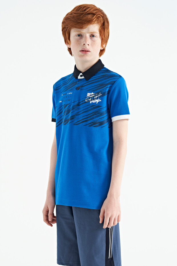 Saks Baskı Detaylı Pola Yaka Standart Kalıp Erkek Çocuk T-Shirt - 11161