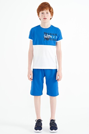 Saks Baskı Detaylı Renk Bloklu Standart Kalıp O Yaka Erkek Çocuk T-Shirt - 11107 