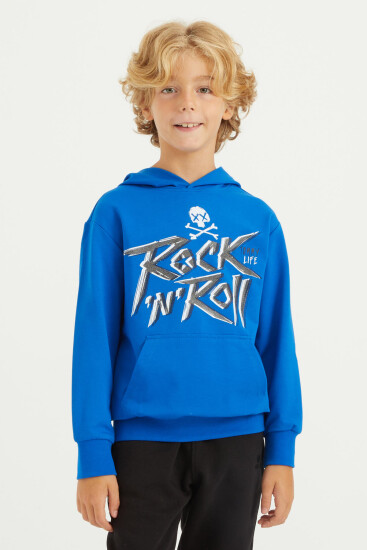 Saks Yazı Baskılı Kanguru Cepli Kapüşonlu Standart Kalıp Erkek Çocuk Sweatshirt - 11002 