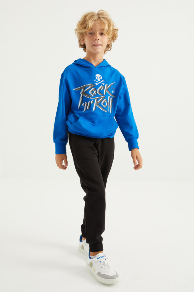 Saks Yazı Baskılı Kanguru Cepli Kapüşonlu Standart Kalıp Erkek Çocuk Sweatshirt - 11002