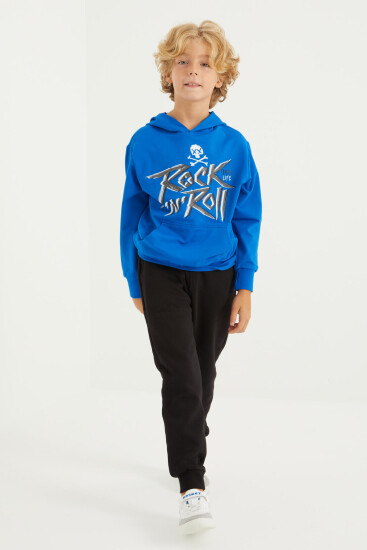 Saks Yazı Baskılı Kanguru Cepli Kapüşonlu Standart Kalıp Erkek Çocuk Sweatshirt - 11002 - TOMMYLIFE (1)