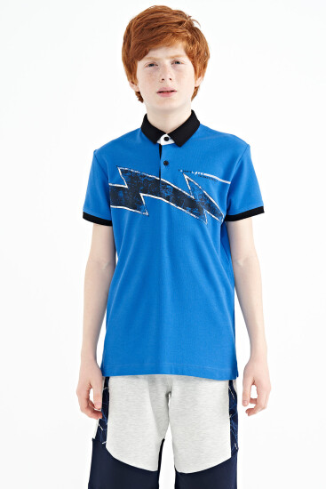 Saks Baskı Detaylı Standart Kalıp Polo Yaka Erkek Çocuk T-Shirt - 11154 