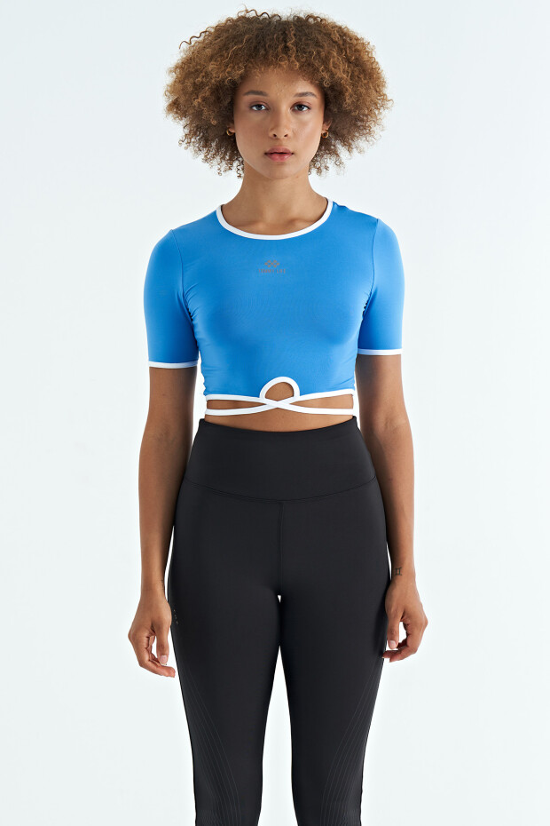 Saks Bel Bağlama Detaylı O Yaka Standart Kalıp Dalgıç Kumaş Kadın Crop T-Shirt - 97266 - 2