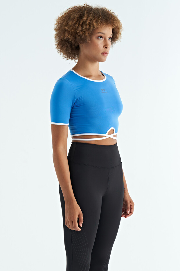 Saks Bel Bağlama Detaylı O Yaka Standart Kalıp Dalgıç Kumaş Kadın Crop T-Shirt - 97266 - 4