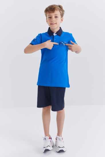 Saks - İndigo Yazı Nakışlı Polo Yaka Kısa Kollu Erkek Çocuk Şort Takım - 10941 